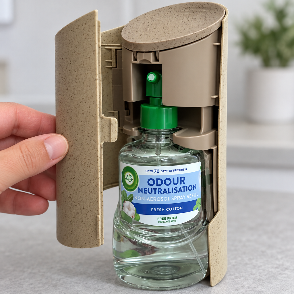 AirWick Fresh Cotton-refill i åben dispenser ved håndtering af lågen