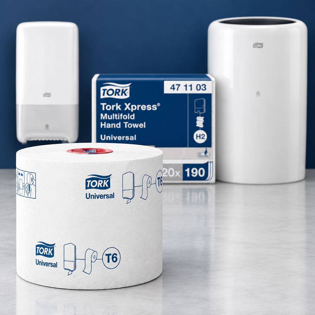 Nærbillede af Tork Universal T6-rulle med separate Tork-produkter i baggrunden
