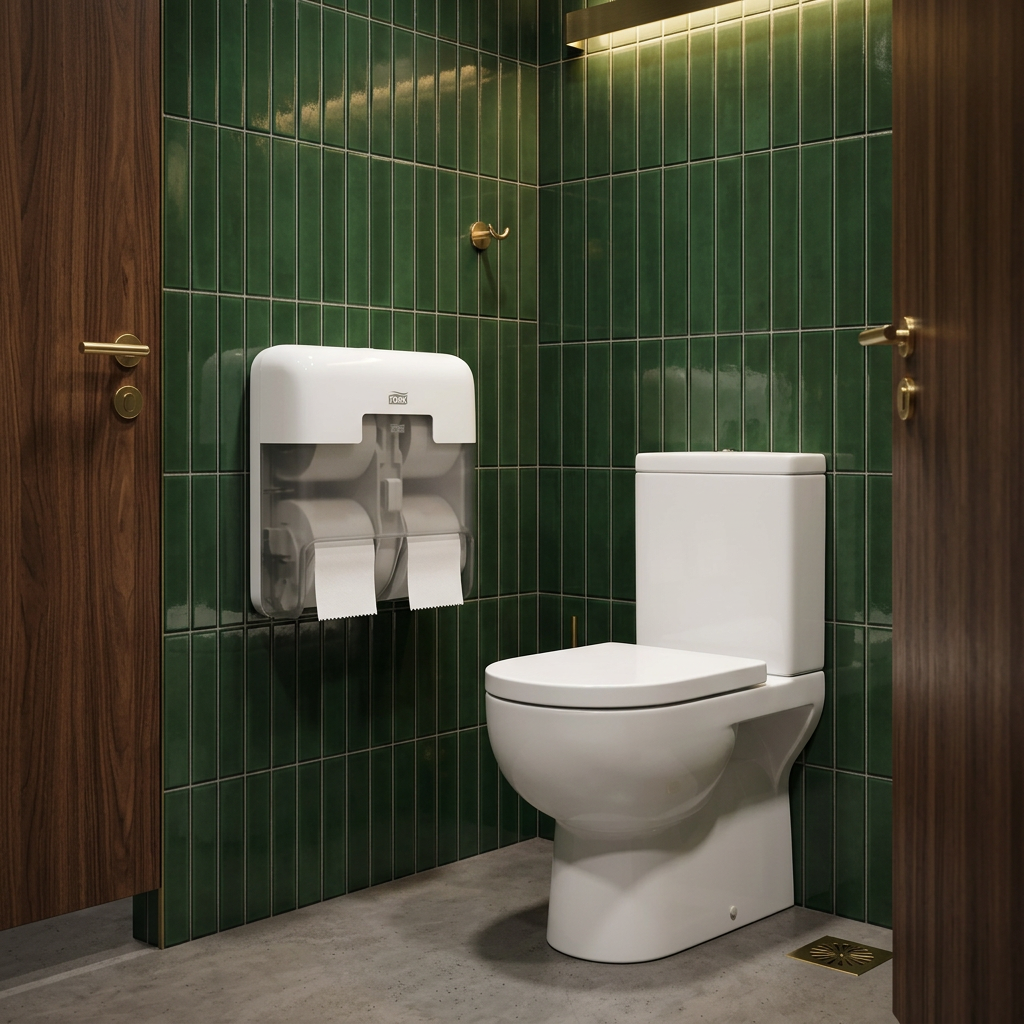 Hvid Tork OptiServe T7-dispenser ved toilet på grønne fliser