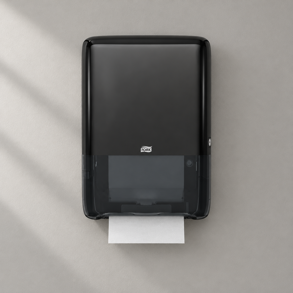 Sort Tork H5 PeakServe Mini håndklædearkdispenser på kontorets toilet