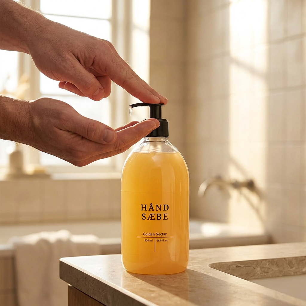 Voksen doserer Golden Nectar håndsæbe med pumpen, stemningsbillede