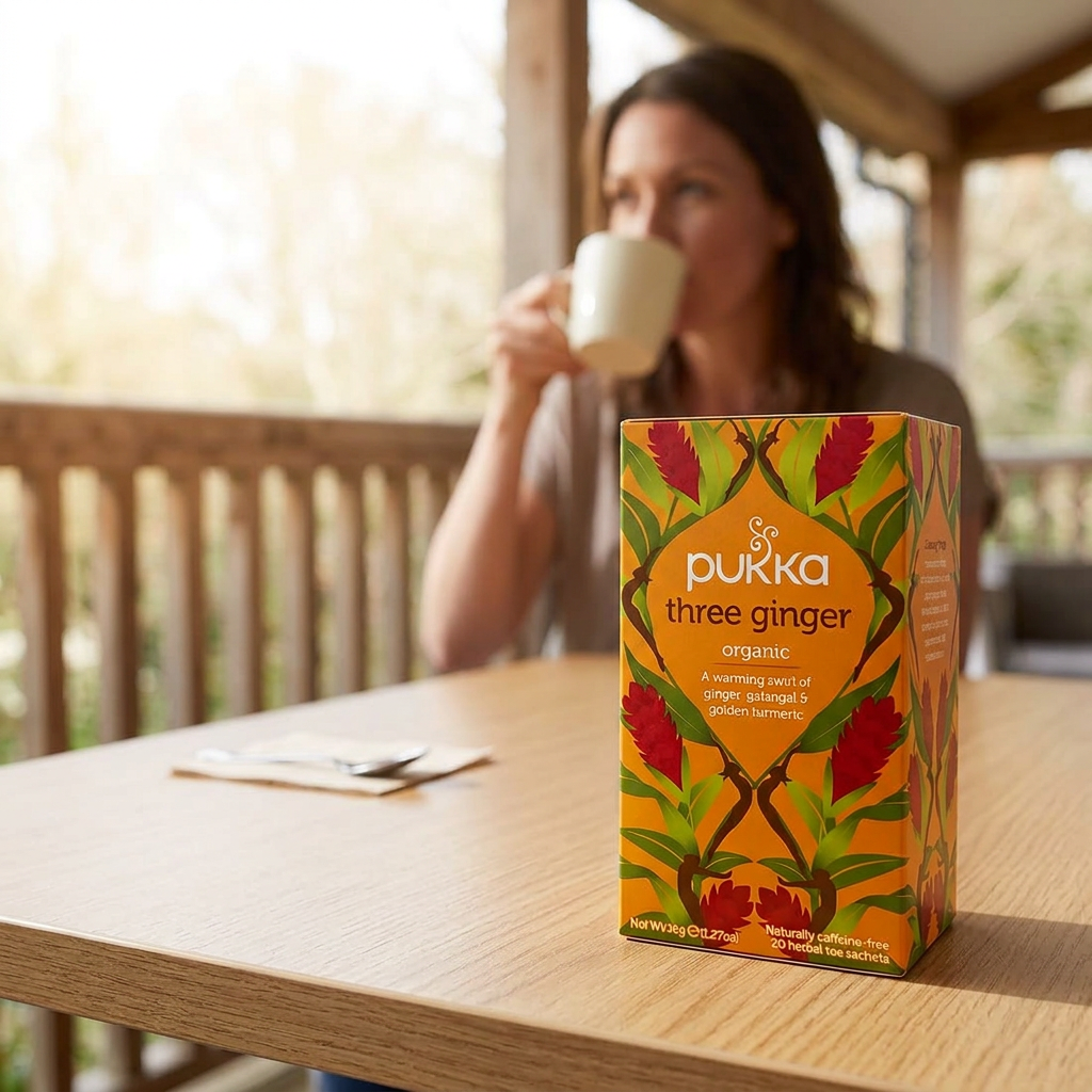 Pukka Three Ginger under en tepause på en overdækket terrasse