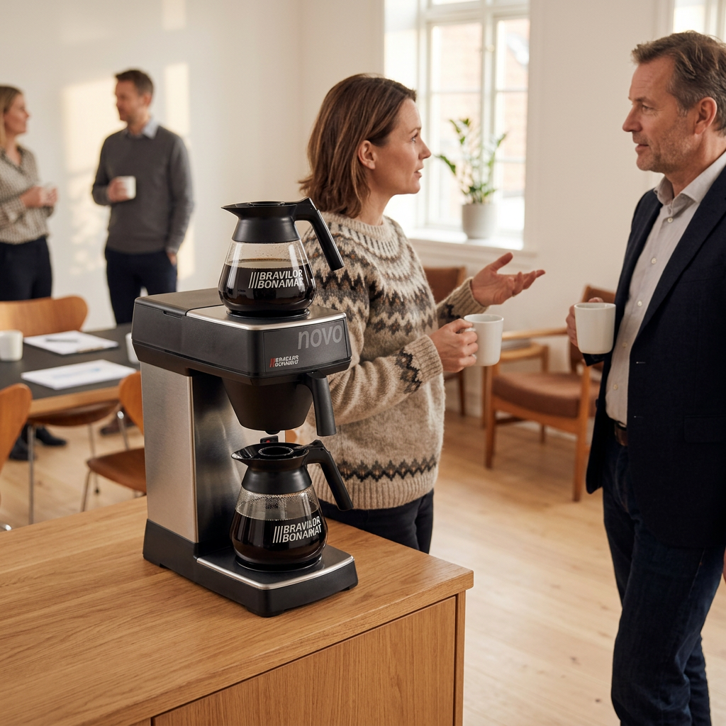 Voksne kolleger holder kaffepause ved Bonamat Novo