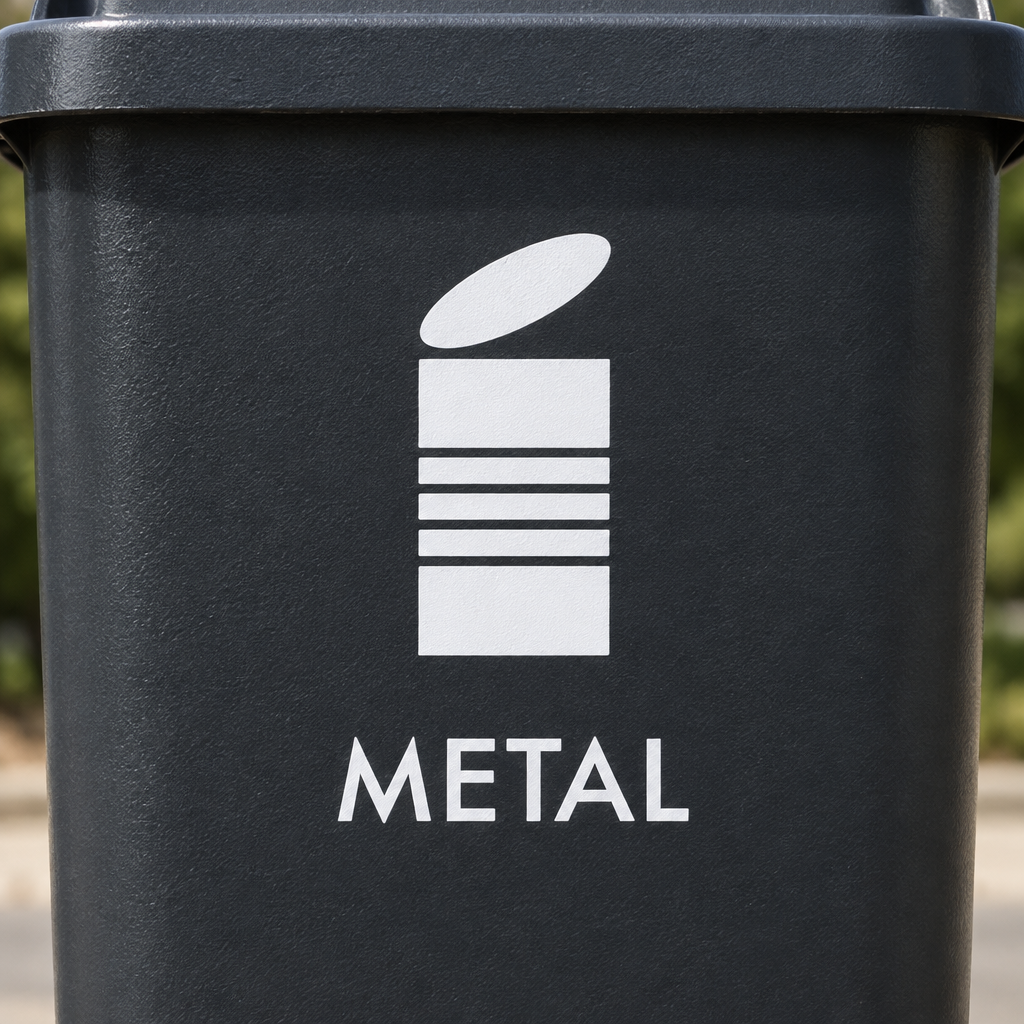 Nærbillede af hvidt dåsemotiv og teksten METAL på mørk beholder