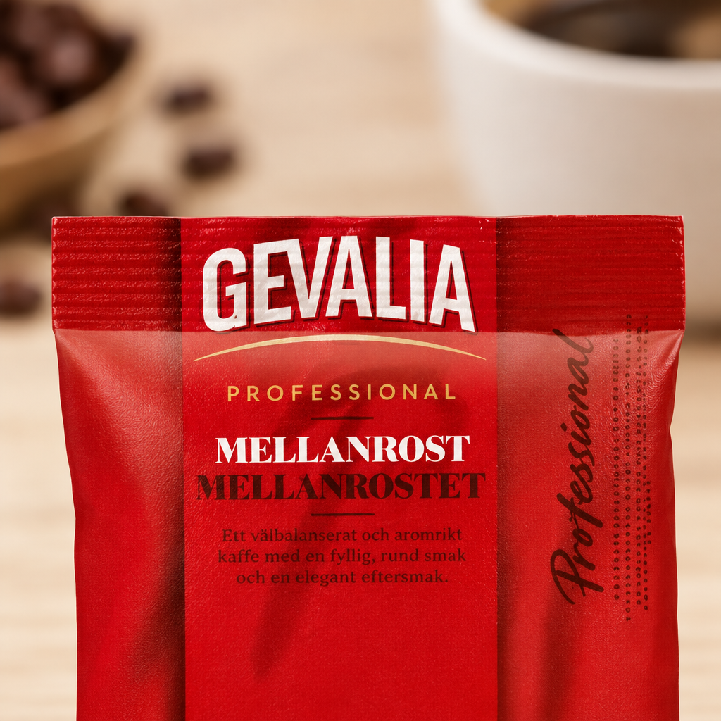 Nærbillede af rød Gevalia Professional Mellanrost portionspose