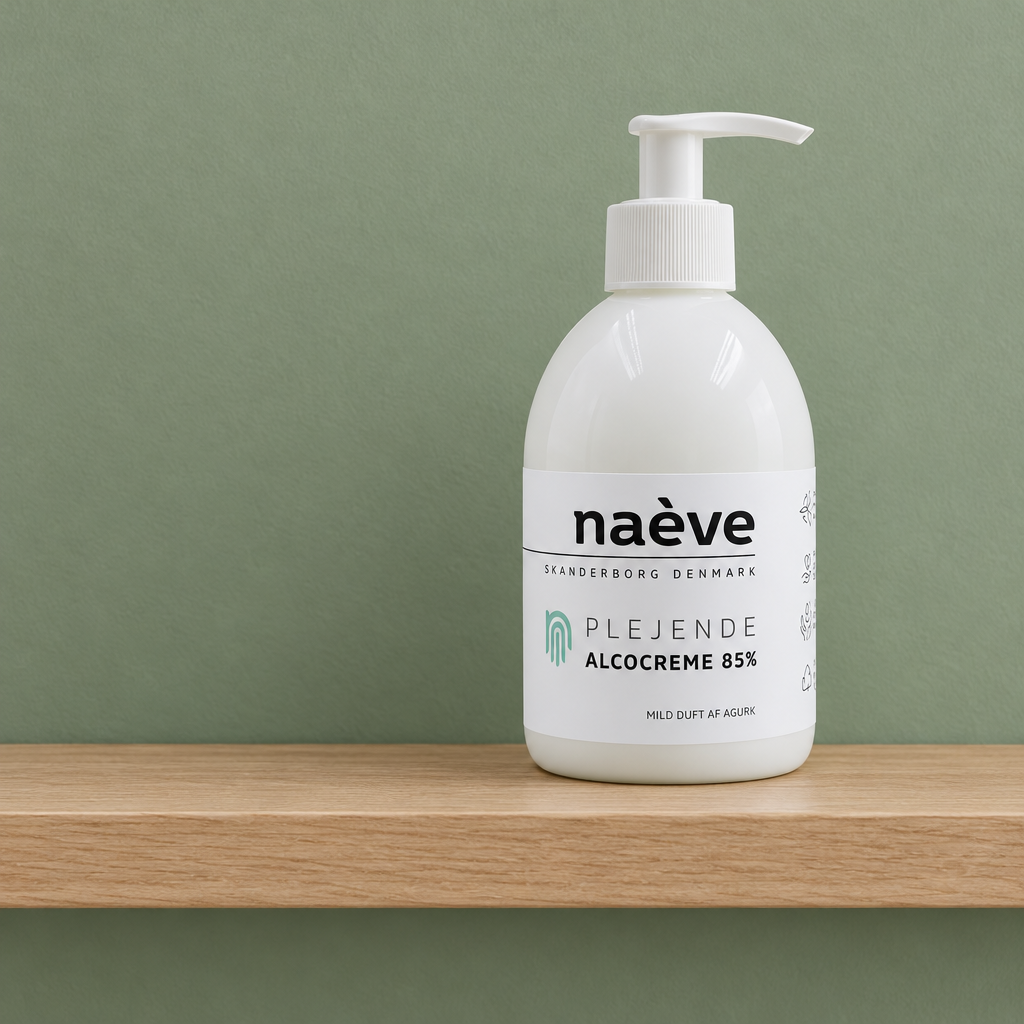 Naeve Alcocreme på træhylde foran grøn væg