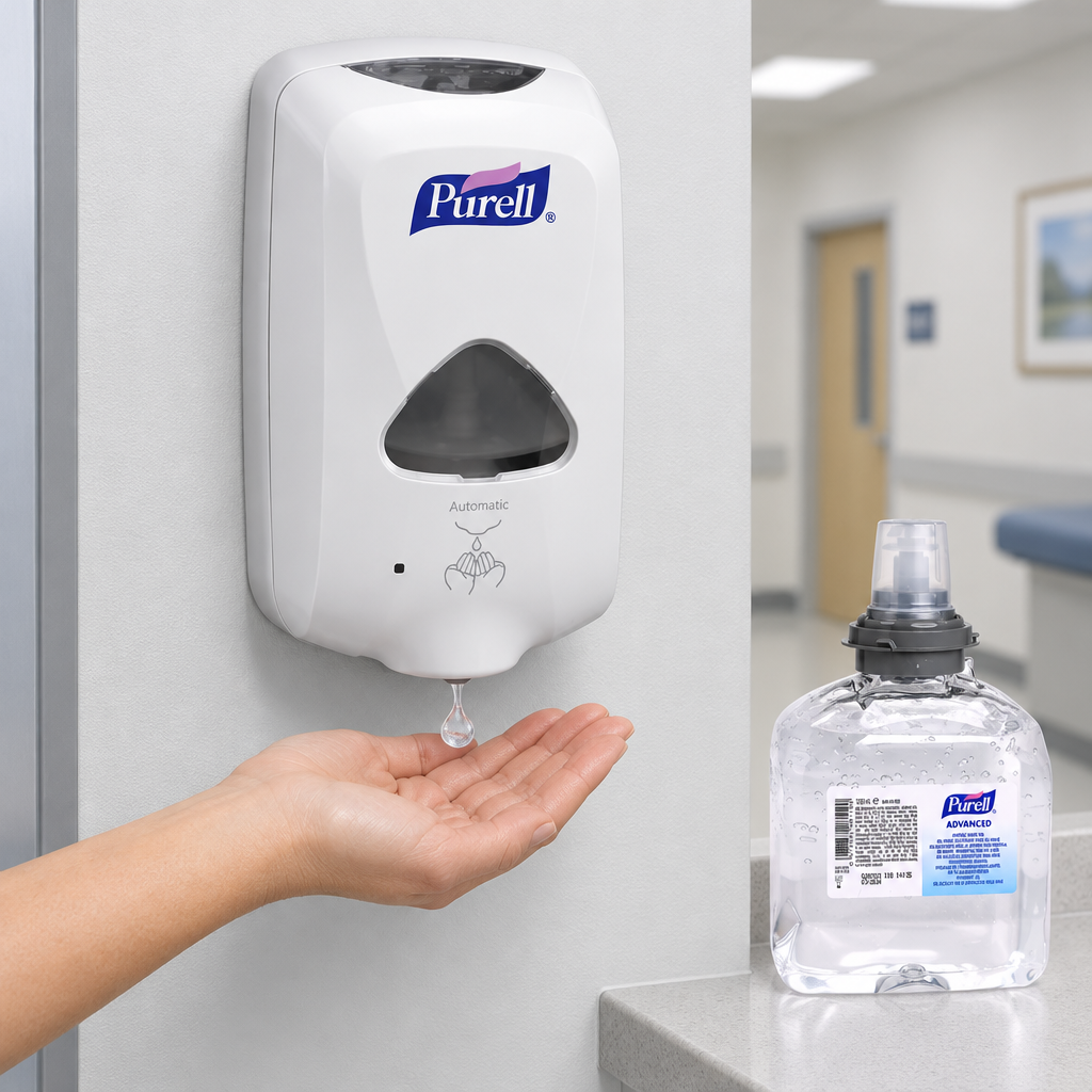 Illustration af berøringsfri geludlevering fra hvid Purell TFX-12 dispenser