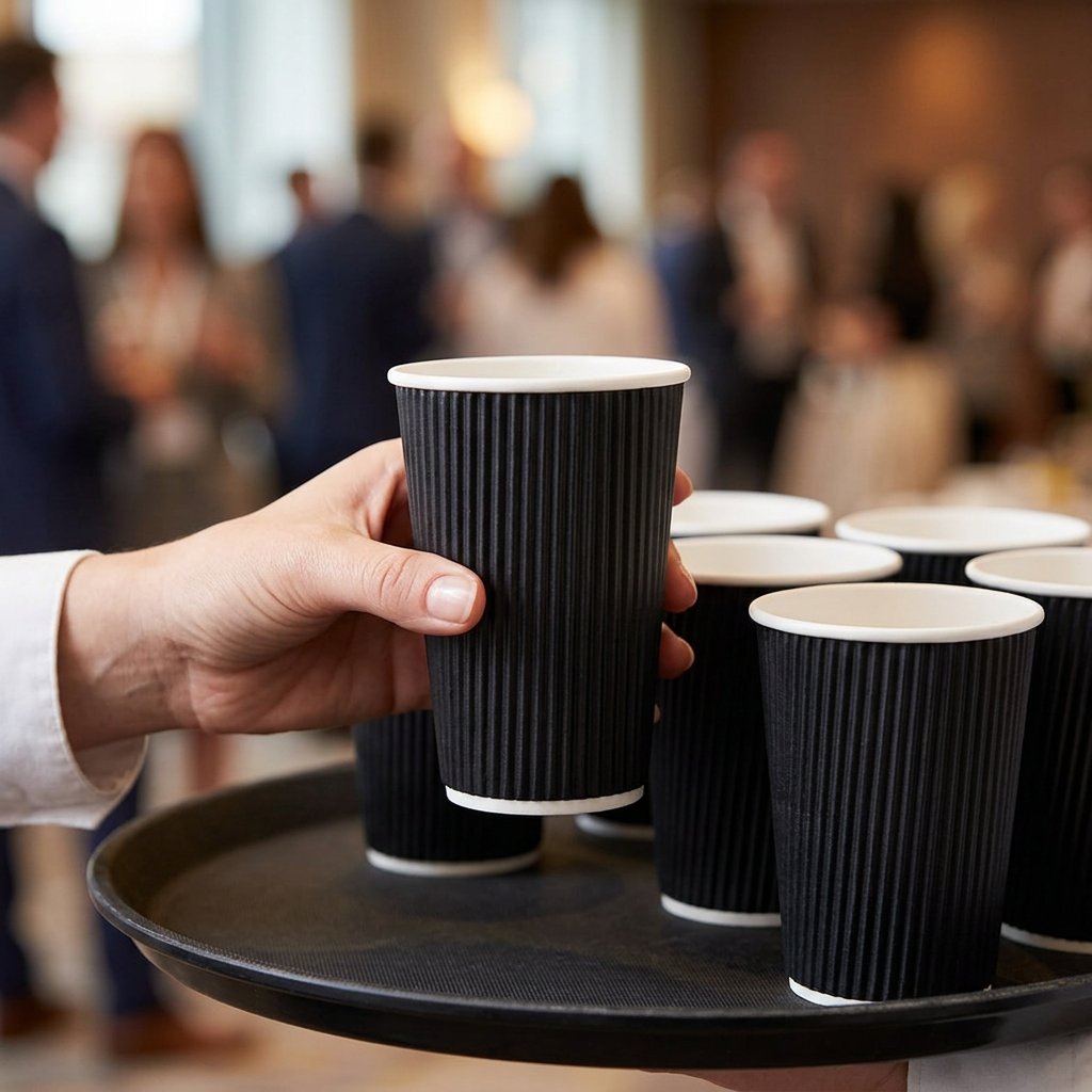 Voksen serveringsmedarbejder håndterer sorte Ripple Wall kaffebægre ved konference