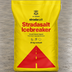 Nærbillede af gul Stradasalt Icebreaker vejsaltsæk med rød vejmarkering