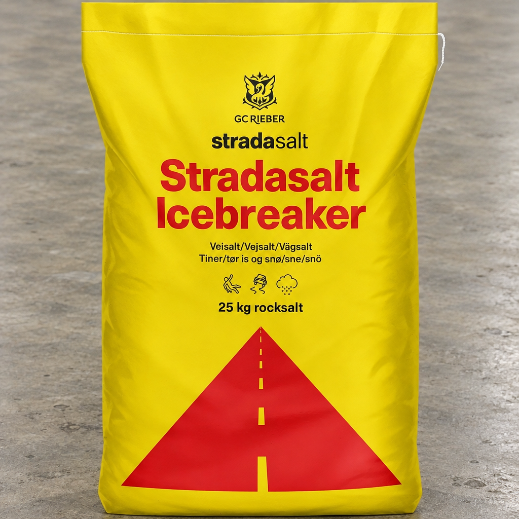 Nærbillede af gul Stradasalt Icebreaker vejsaltsæk med rød vejmarkering