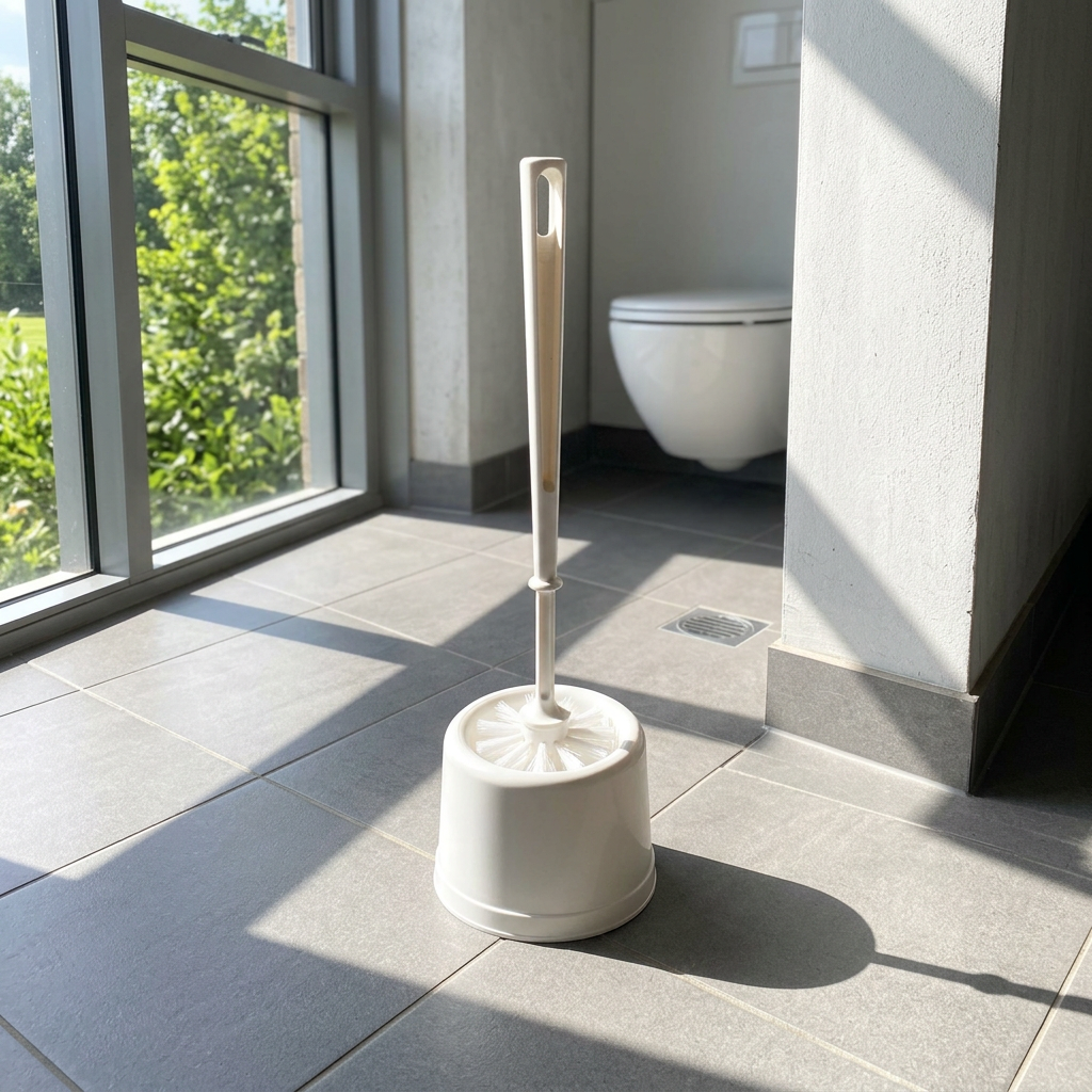 Hvid Basic-toiletbørste med skål i sollyst sanitetsrum i sportspavillon, stemningsbillede