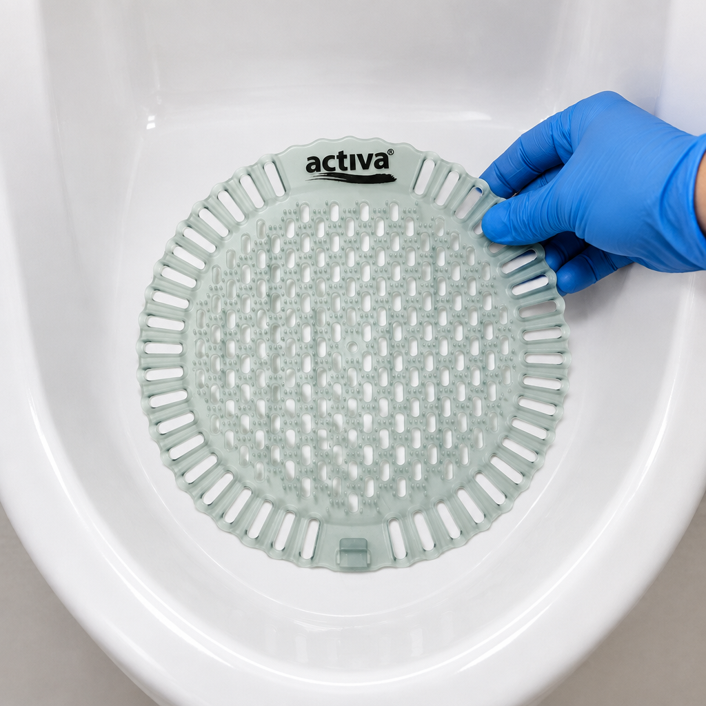 Placering af urinalmåtte i rengjort urinal