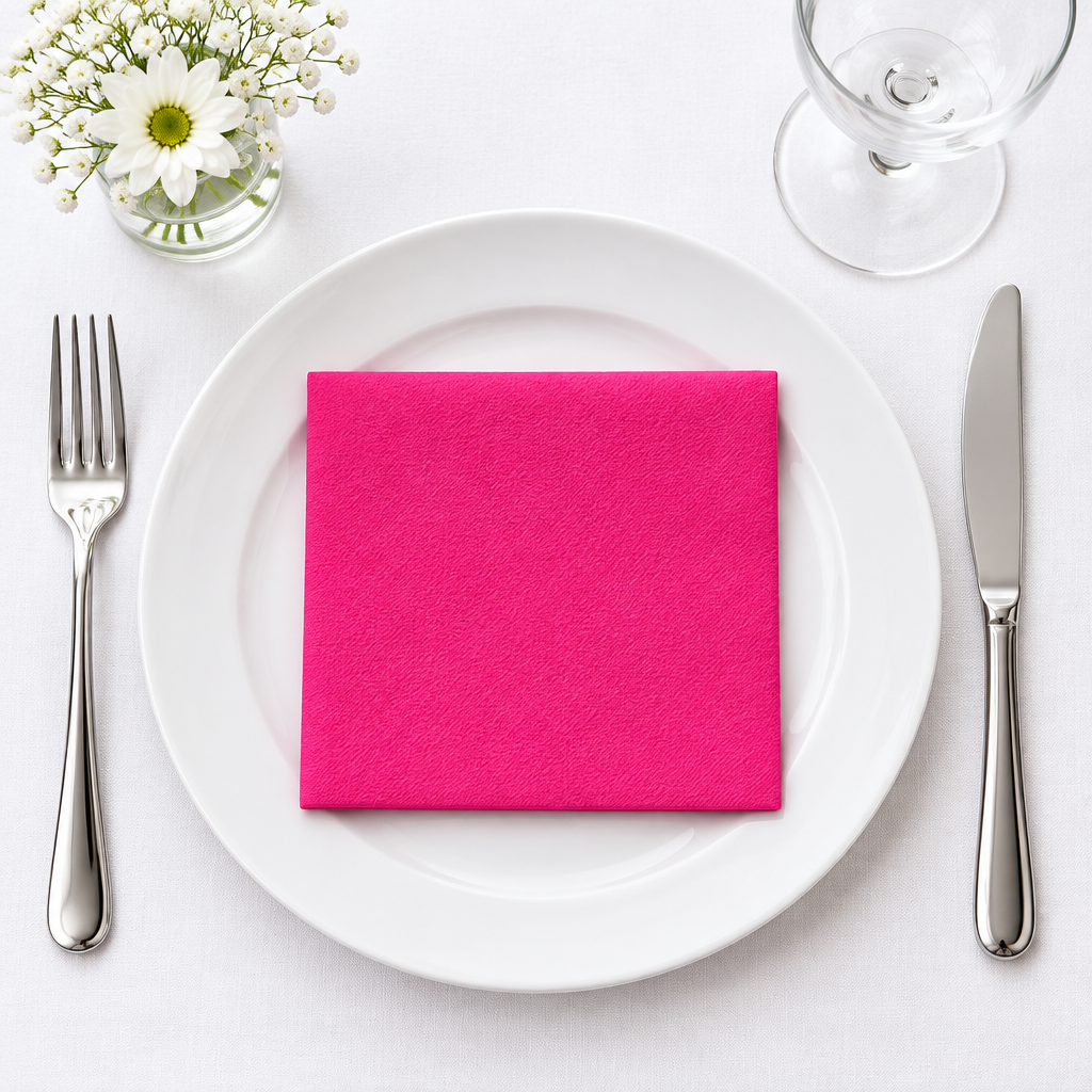 Kvartfoldet pink Airlaid-serviet på hvid tallerken set ovenfra