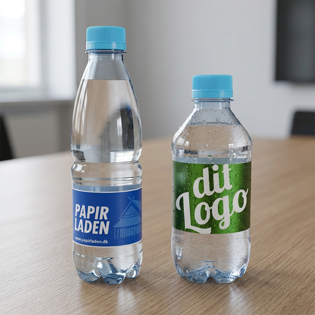 Begge logovandsstørrelser med lyseblå låg og blå eller grøn etiket