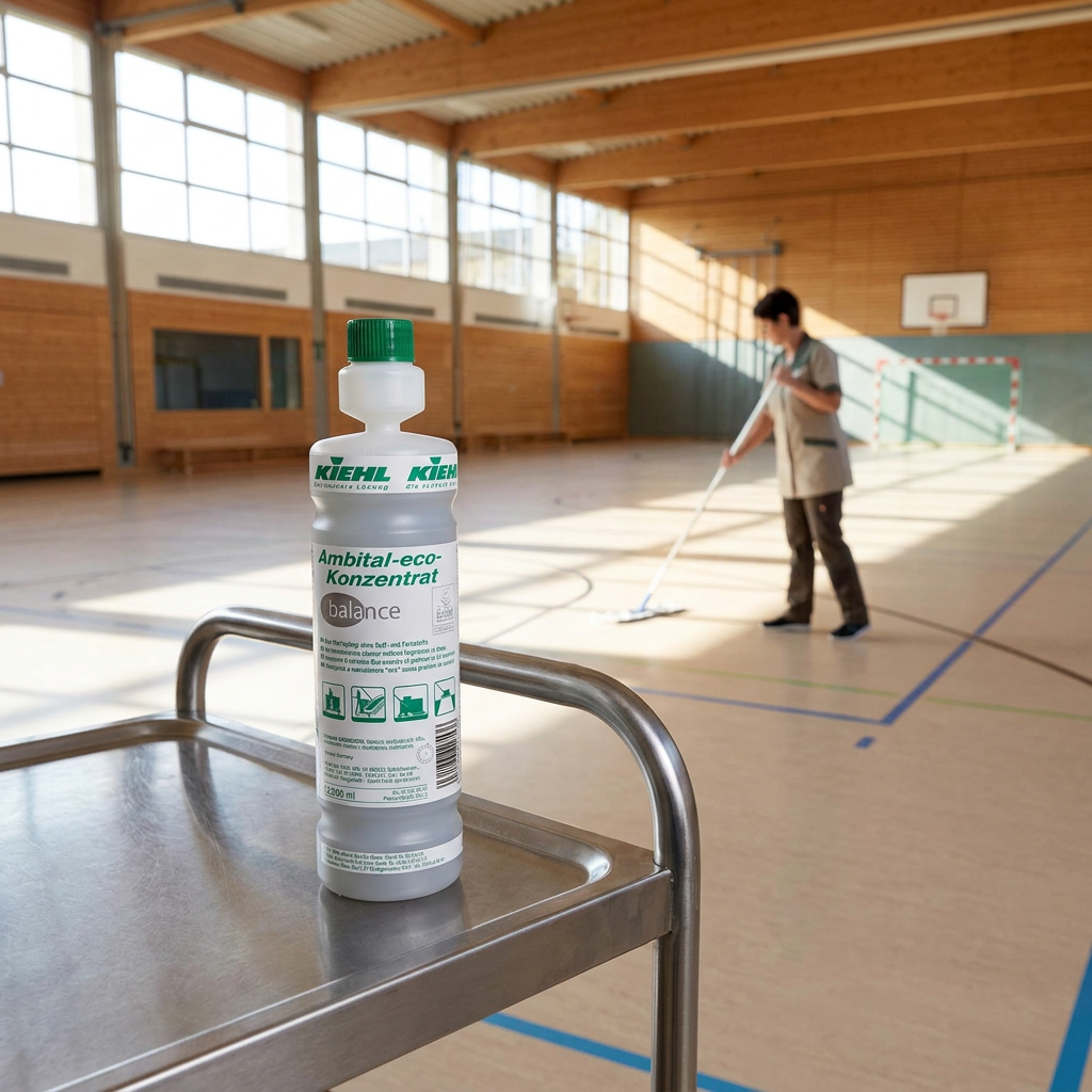 Kiehl Ambital-eco balance 1 L på rengøringsvogn med gulvvask i solrig sportshal, udstyr medfølger ikke