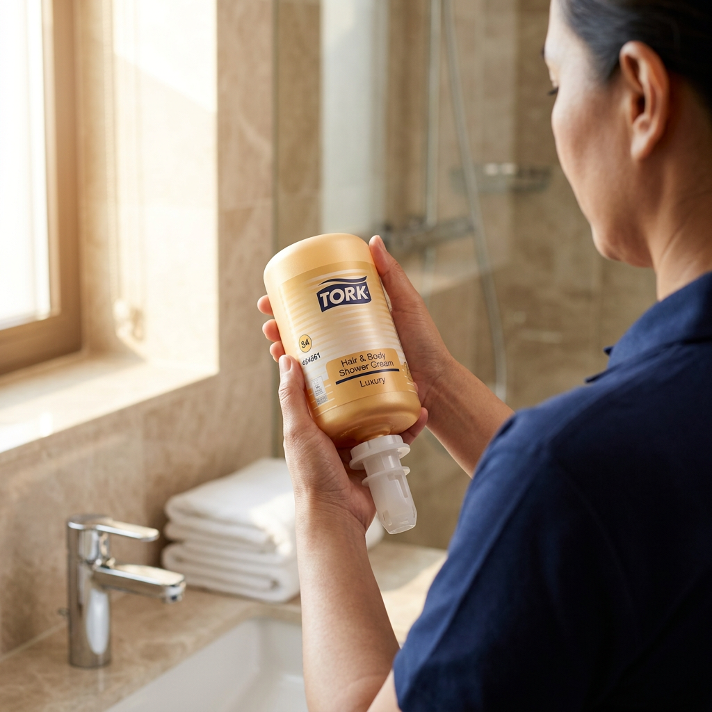 Medarbejder holder Tork S4 Hair & Body-refill på lyst hotelbadeværelse