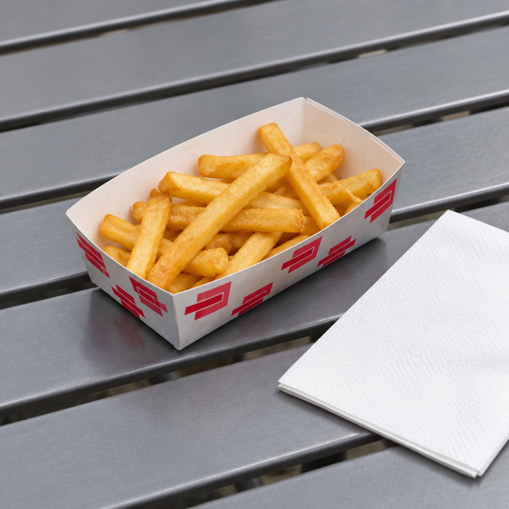 Pommes frites i lille papirbakke på gråt bord ved hvid serviet