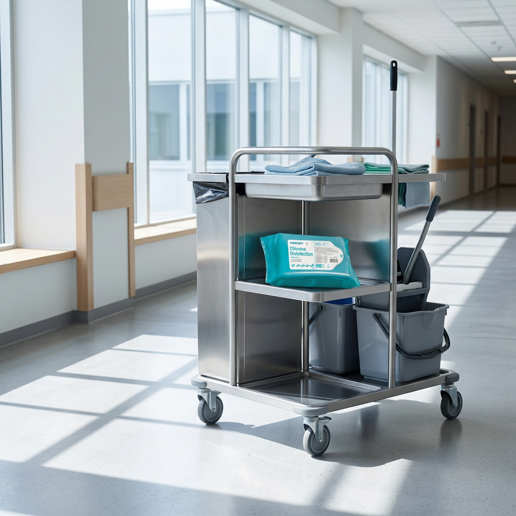 Miljøbillede: Wet Wipe Klorin Mini på rengøringsvogn i klinikgang med solskin