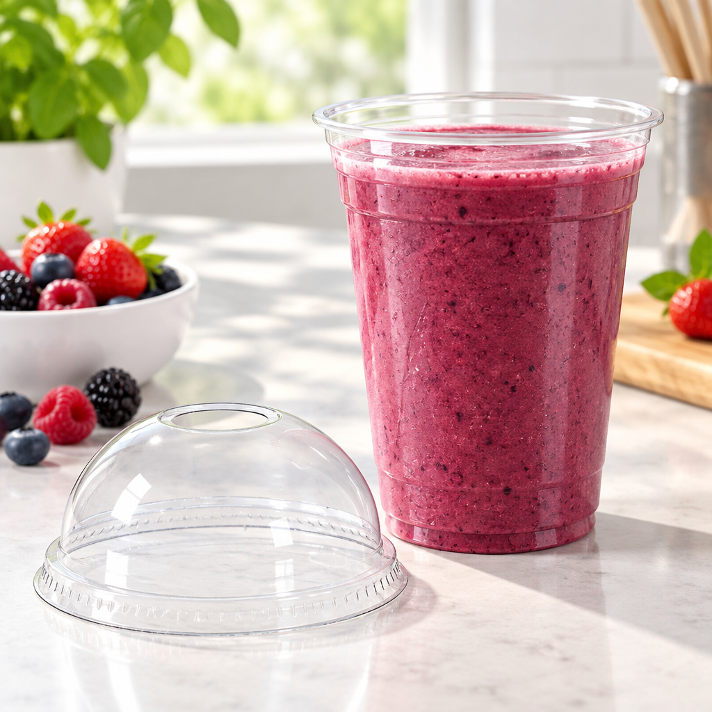 Stemningsillustration af klart kuppellåg med sugerørshul ved et smoothiebæger
