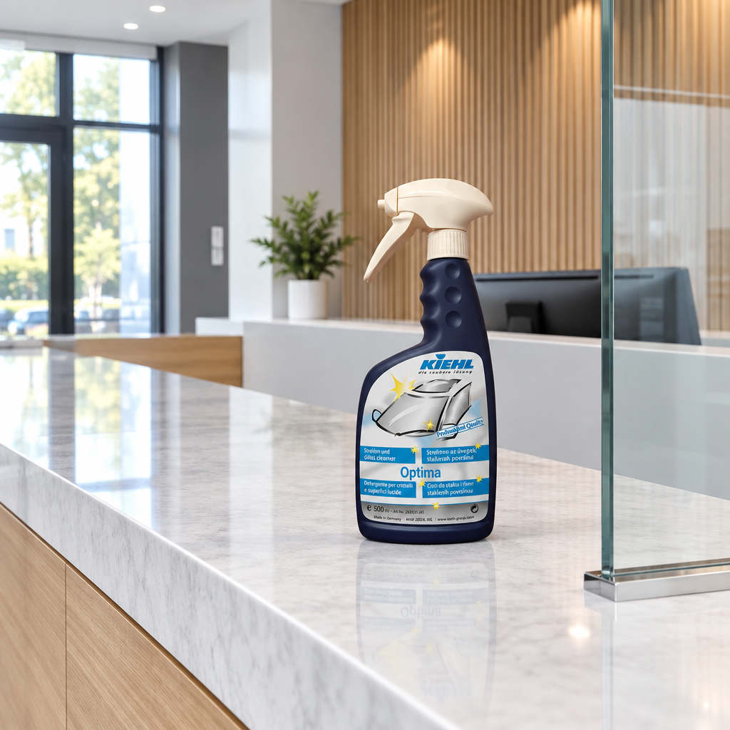 Kiehl Optima 500 ml spray ved glasskærm i reception, stemningsbillede