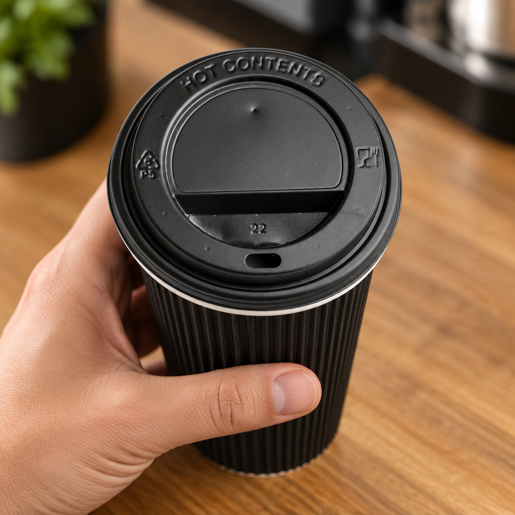 Sort låg med drikkehul på Ripple-kaffebæger ved caféens disk