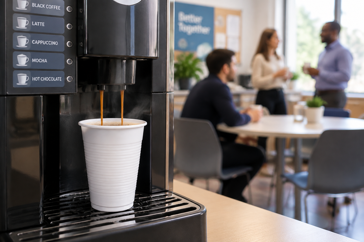 Kaffeautomat der fylder et automatbæger på et kontor