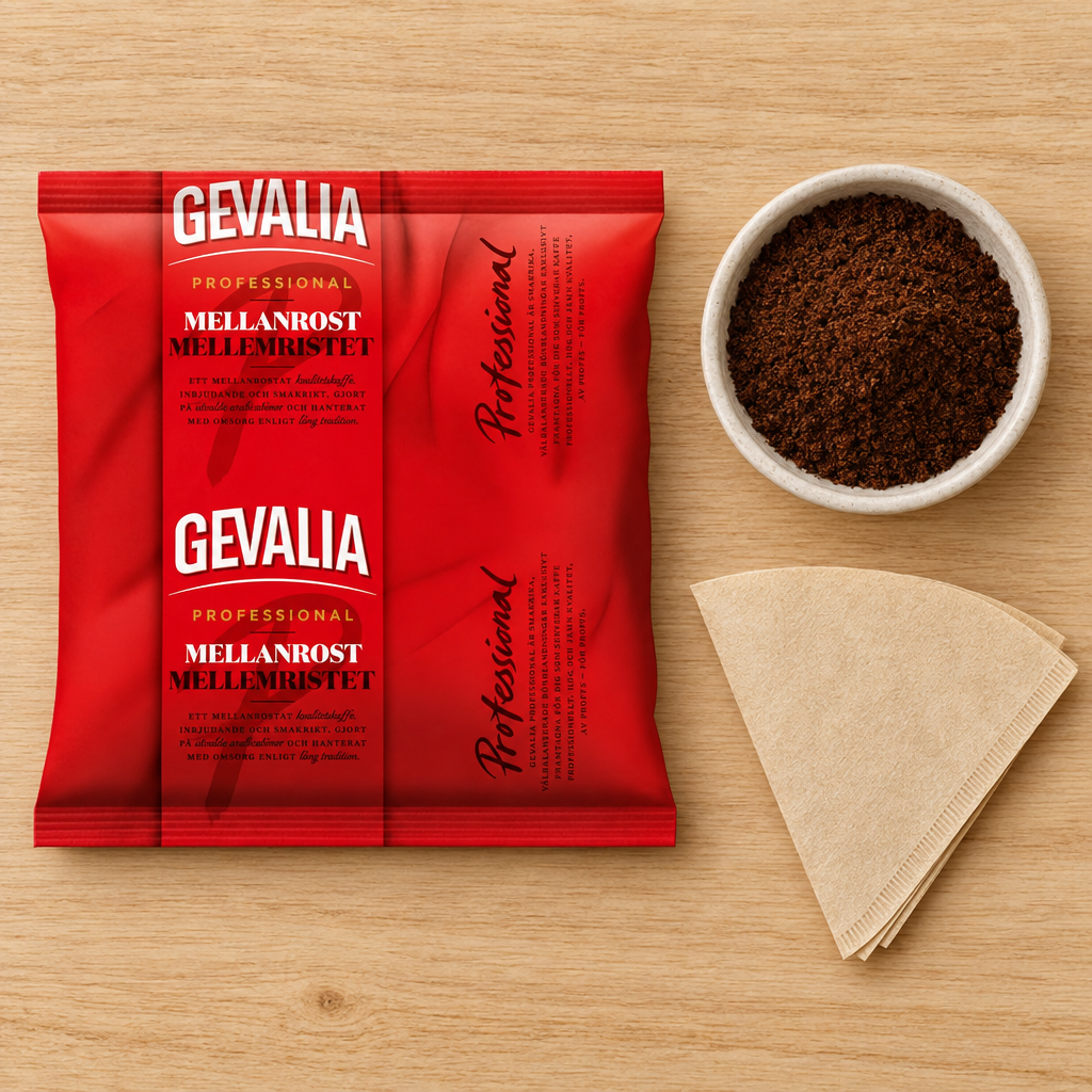 Gevalia Professional filterkaffe ved formalet kaffe og papirfilter set ovenfra, stemningsbillede