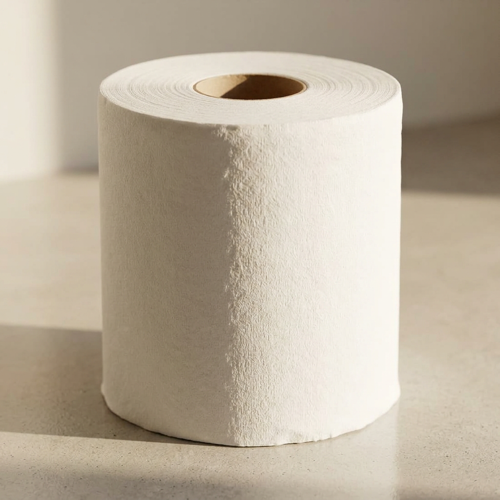 Nærbillede af hvid Reflex-aftørringsrulle på solbelyst bord, stemningsbillede