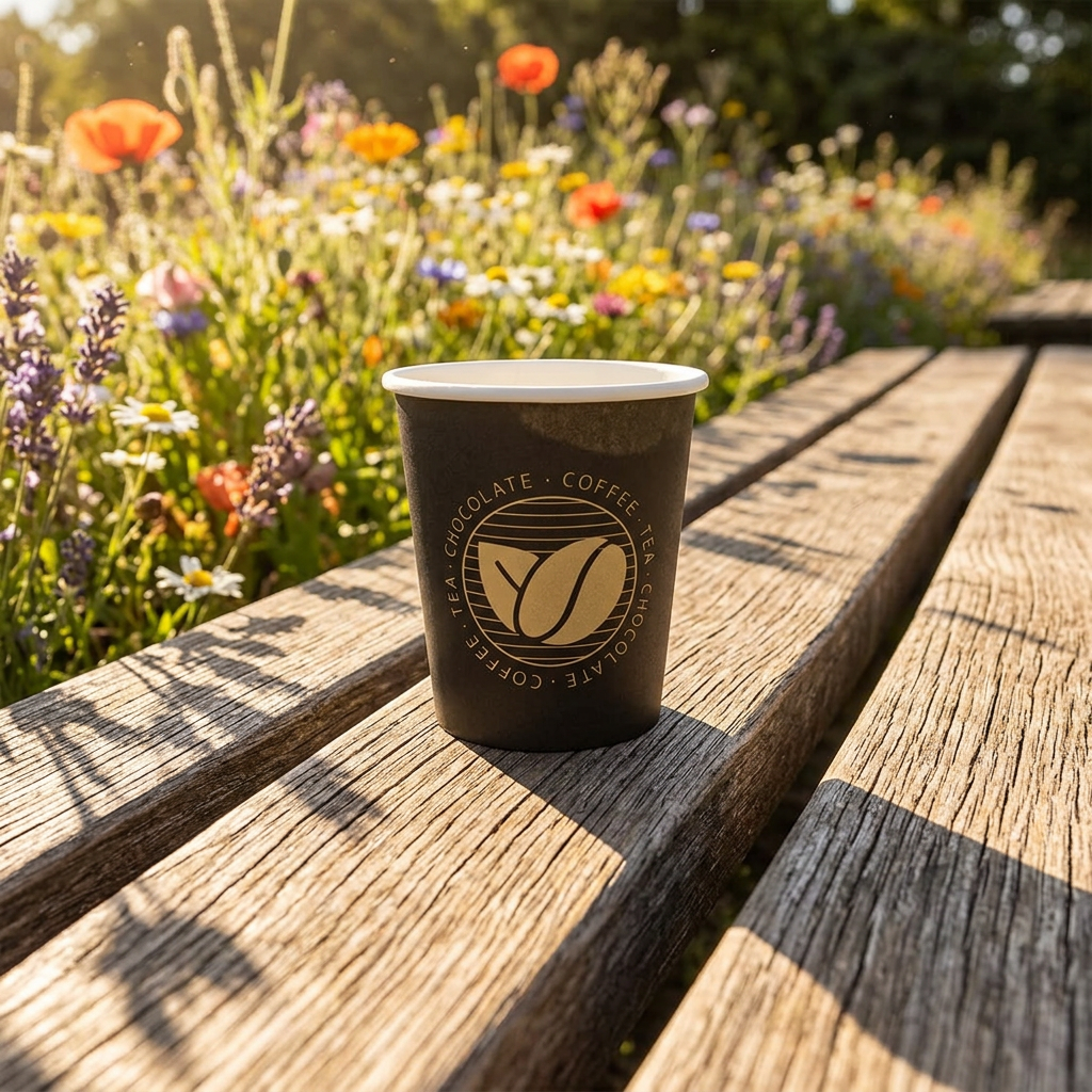 Beans-kaffebæger på træbænk i solrig caféhave