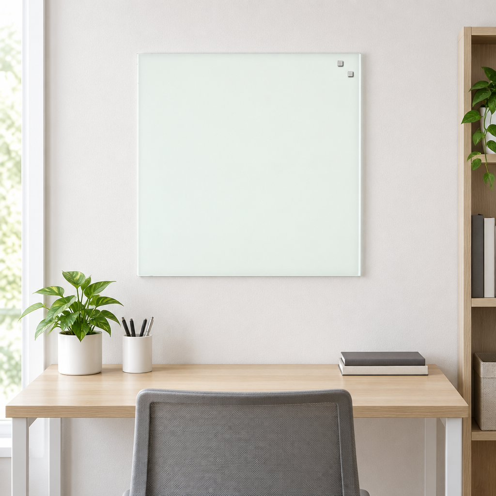 Hvid magnetisk glastavle med to magneter over kontorbord, genereret miljøbillede