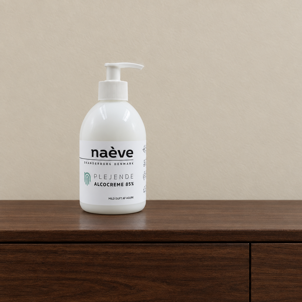 Naeve Alcocreme på mørkt træmøbel i bred beskæring