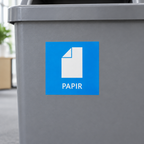 Nærbillede af blåt PAPIR-mærke med hvidt ark-symbol