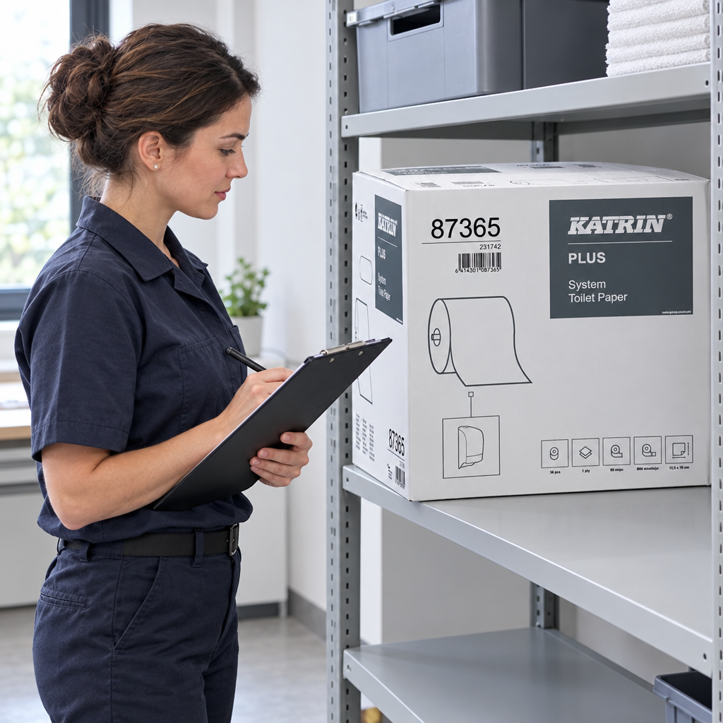 Medarbejder kontrollerer depotbeholdning af Katrin Plus System 87365-toiletpapir