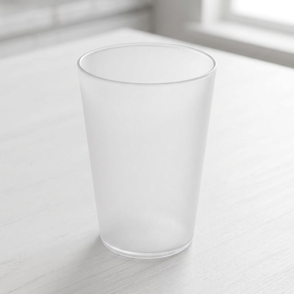 Frosted hvidt flergangsdrikkeglas på et lyst bord ved et vindue