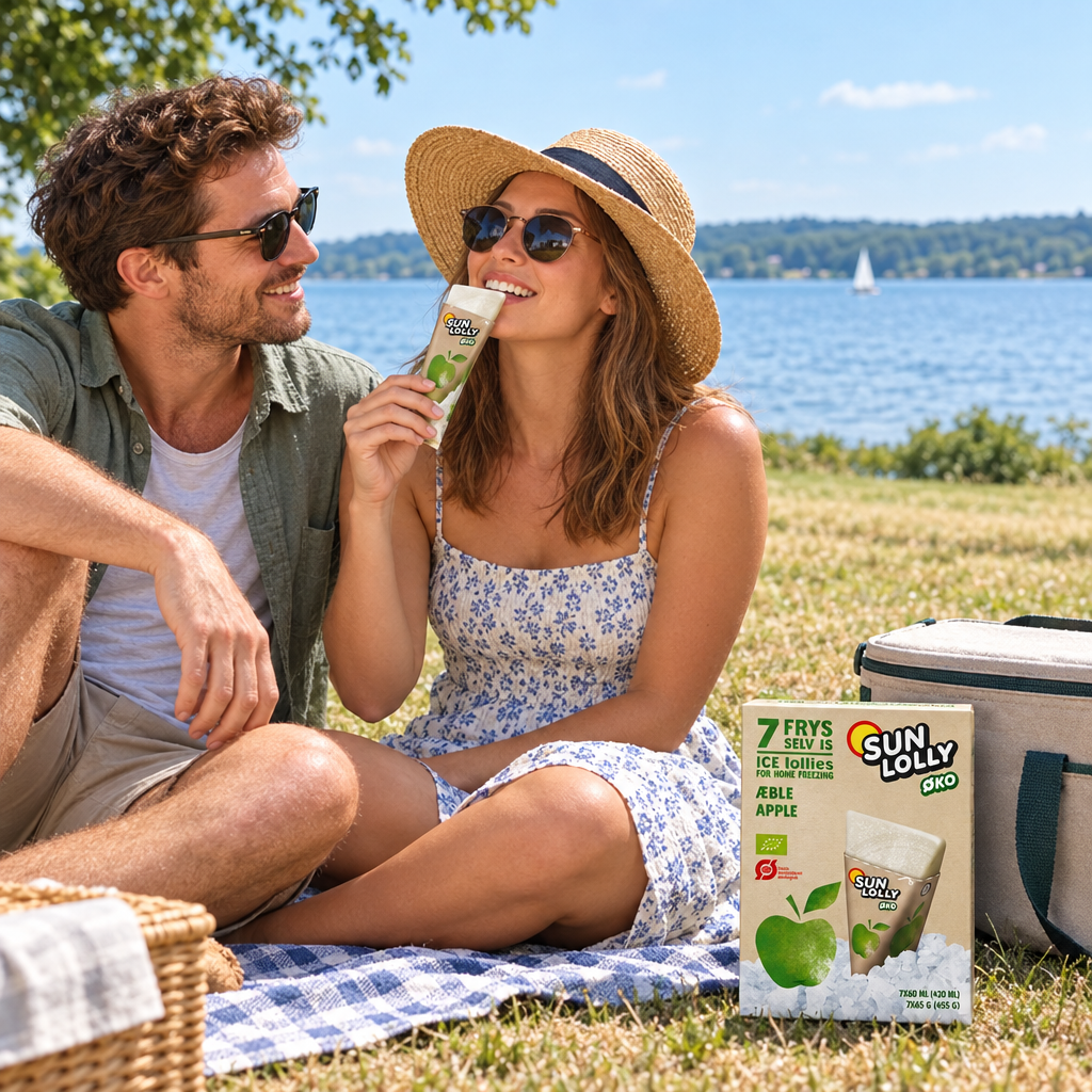 To voksne med Sun Lolly ØKO Æble ved picnic med udsigt over sø