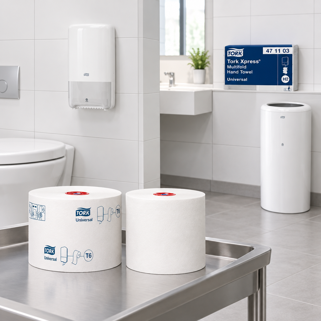 Tork T6-ruller i toiletmiljø med passende dispenser og separate hygiejnevarer