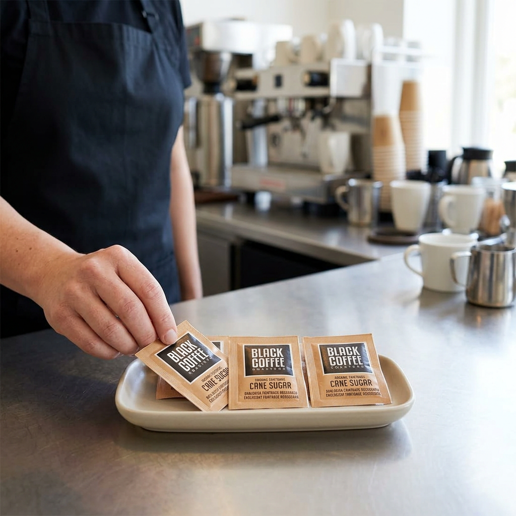 Medarbejder arrangerer portionsrørsukker på bakke ved kantinens kaffestation