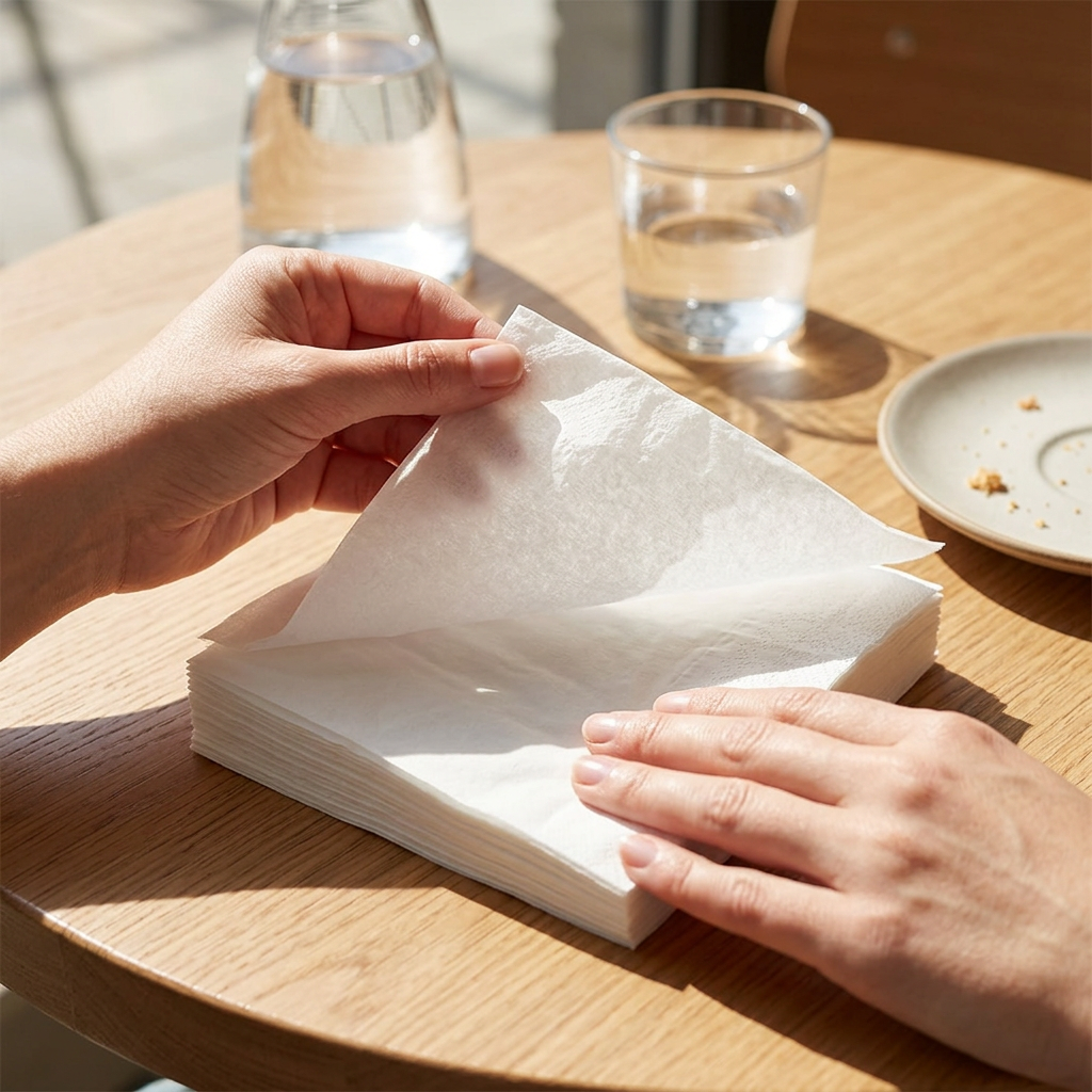 Stemningsbillede af udfoldning af en hvid papirserviet