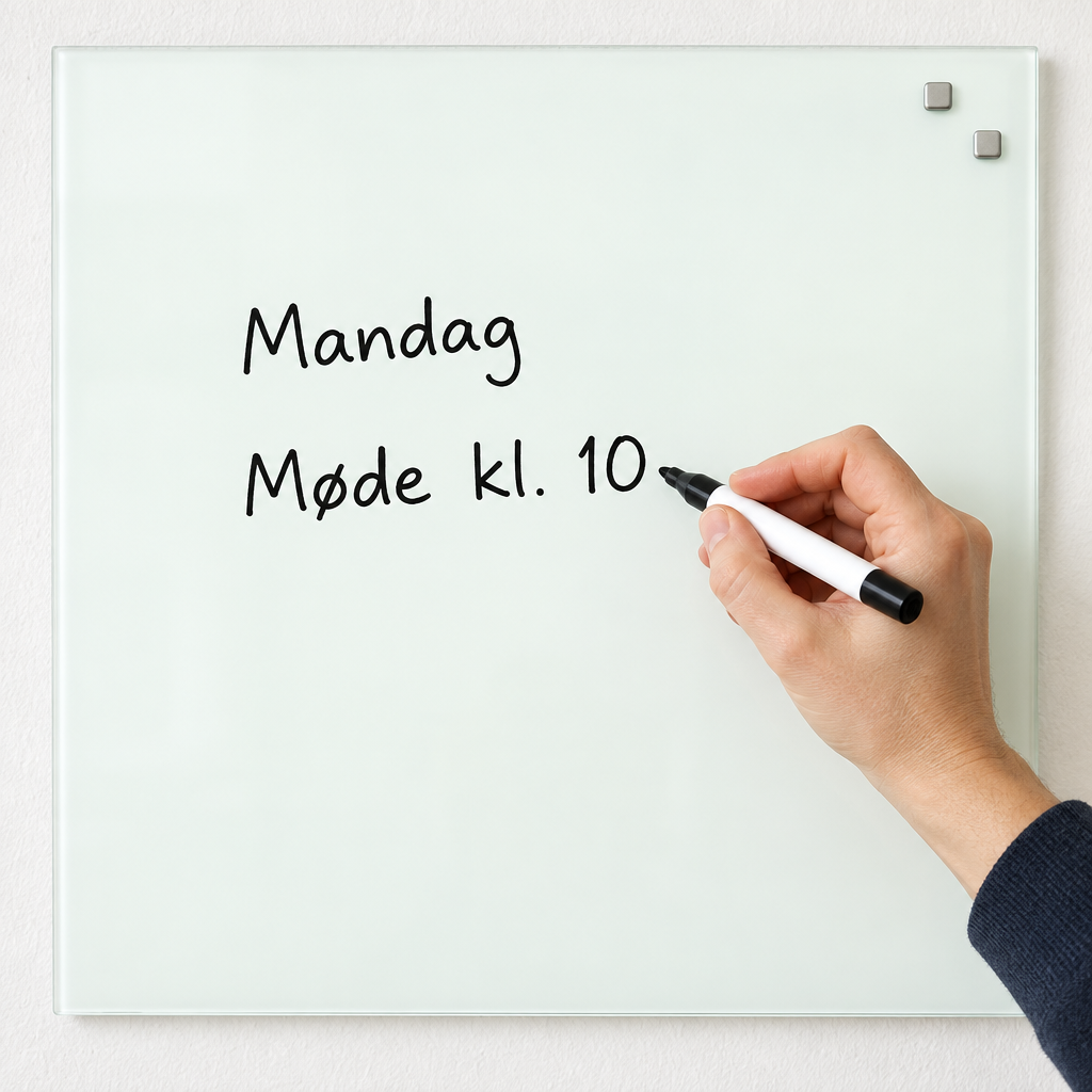 Hånd skriver en mødebesked på hvid magnetisk glastavle med to magneter