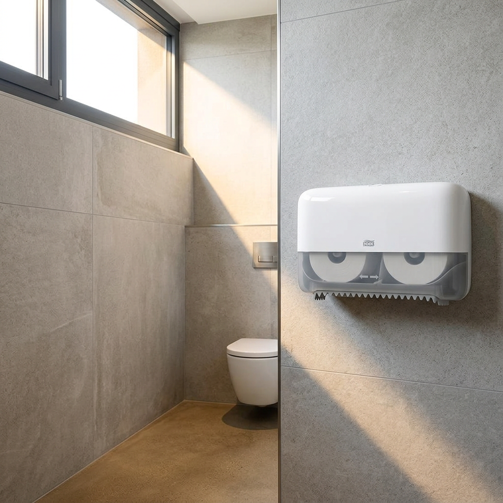 Hvid Tork Twin-dispenser i sollyst moderne toiletområde, miljøillustration.