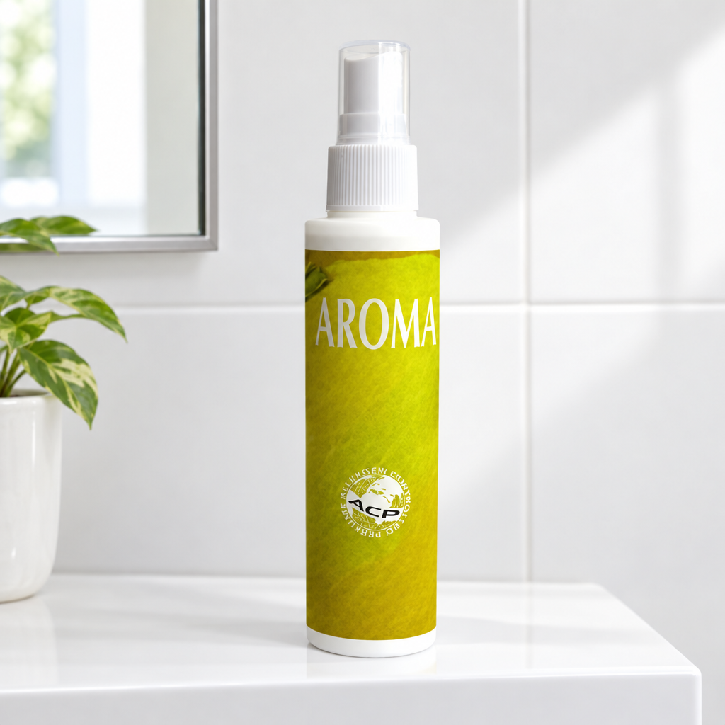 AROMA citronduftspray med gul etiket på en lys badeværelseshylde