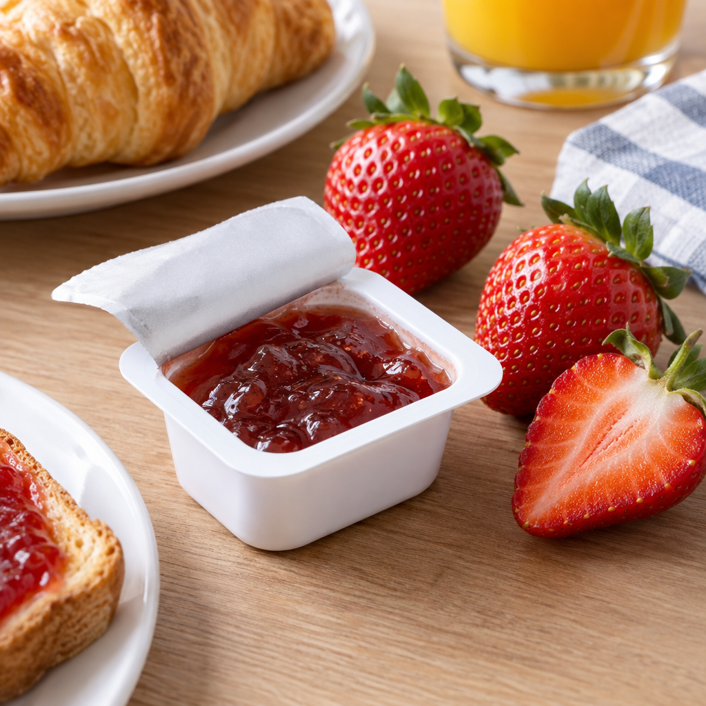 Stemningsbillede af jordbærmarmelade i portionsbæger ved morgenbord