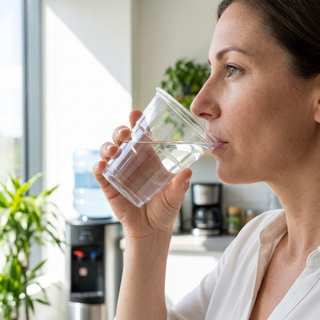 Voksen kvinde drikker vand af et klart plastglas i et lyst køkken