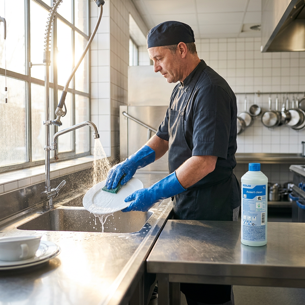 Manuel opvask i professionelt køkken med Assert Clean på bordet