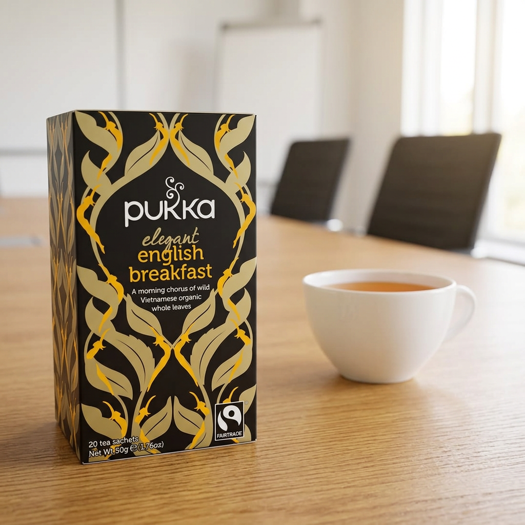 Pukka English Breakfast og en kop te på konferencebordet