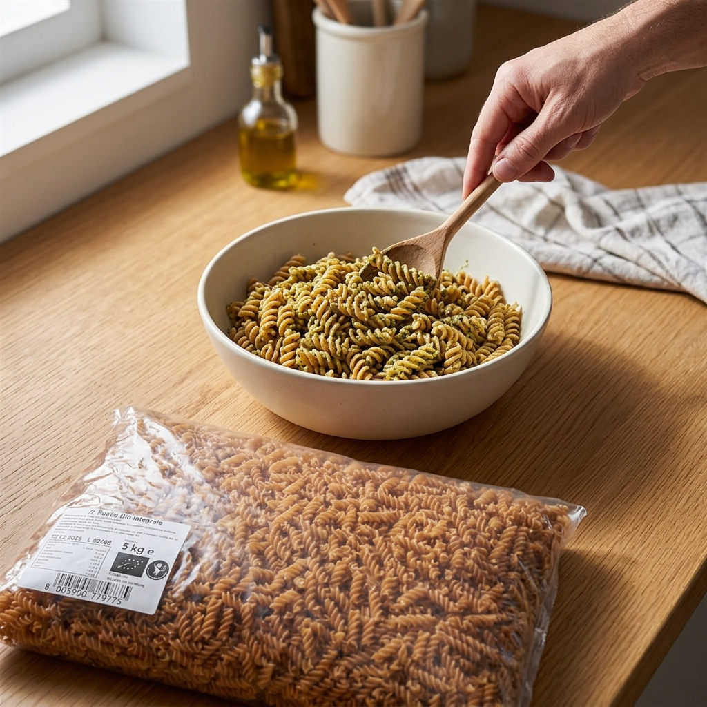 Fuldkornspastaskruer vendes med pesto ved posen med 5 kg pasta