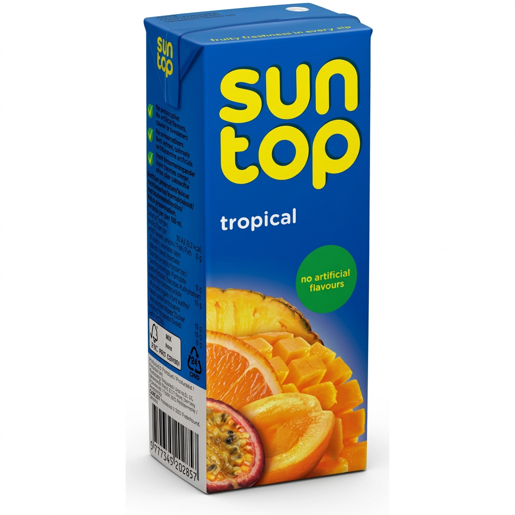 Suntop Tropical 200 ml i blå brik på hvid baggrund