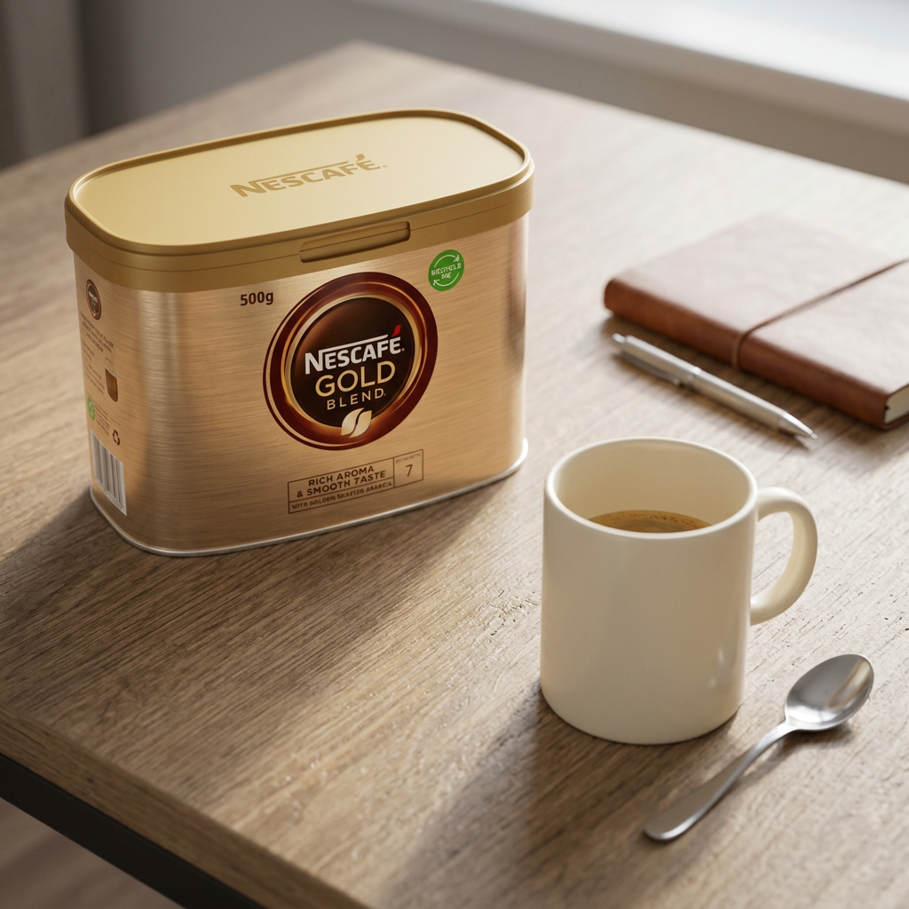 Nescafé Gold Blend 500 g set skråt ovenfra ved kaffekop og teske; service er ikke inkluderet
