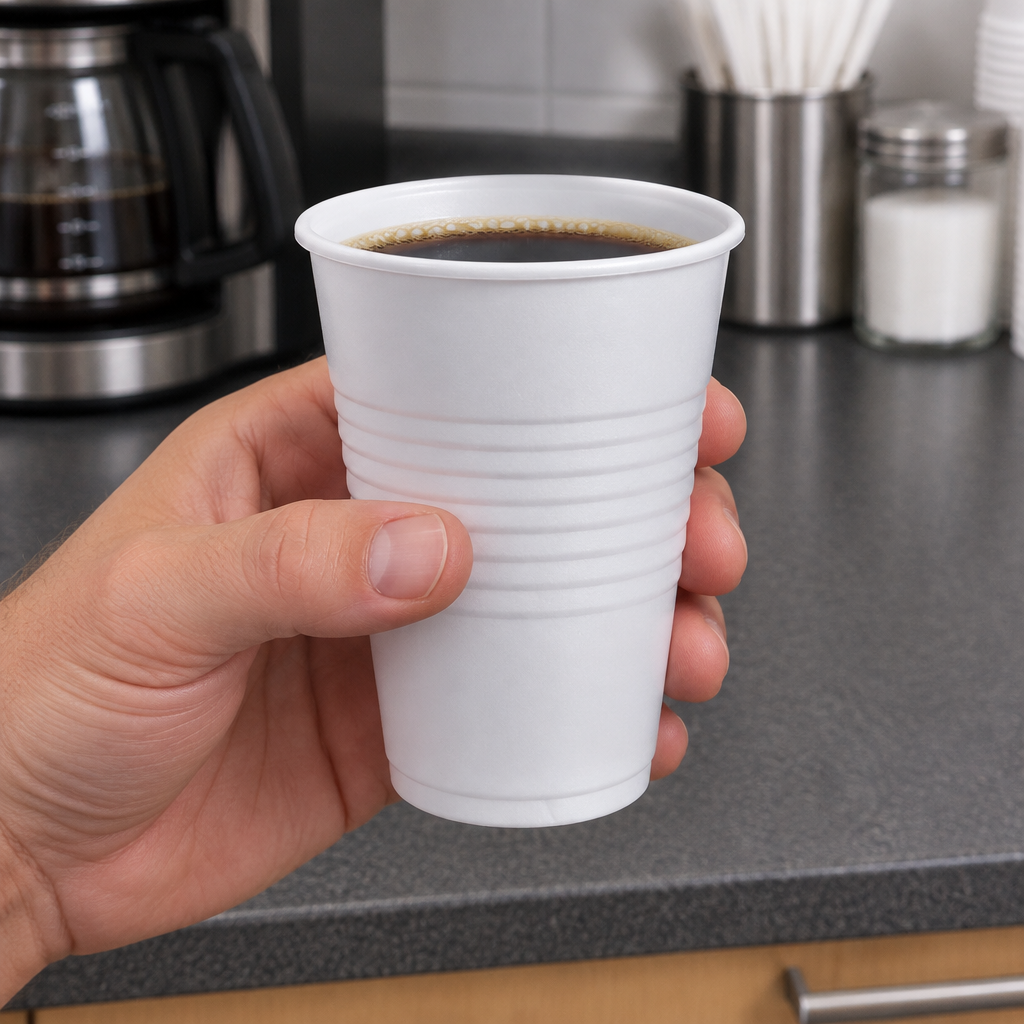 Ribbet hvidt automatbæger med kaffe i hånden ved personalekøkken