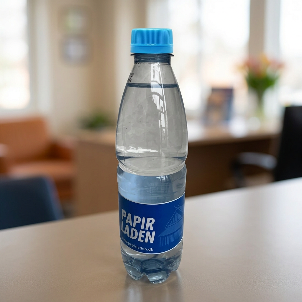 0,5-liters logovand med lyseblåt låg og Papirladens blå etiket ved receptionen